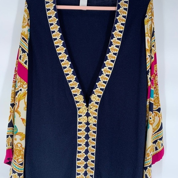 Soft Surroundings Tops - Soft Surroundings Dark Blue Latch front Cardiagne with Gold and Pink Details